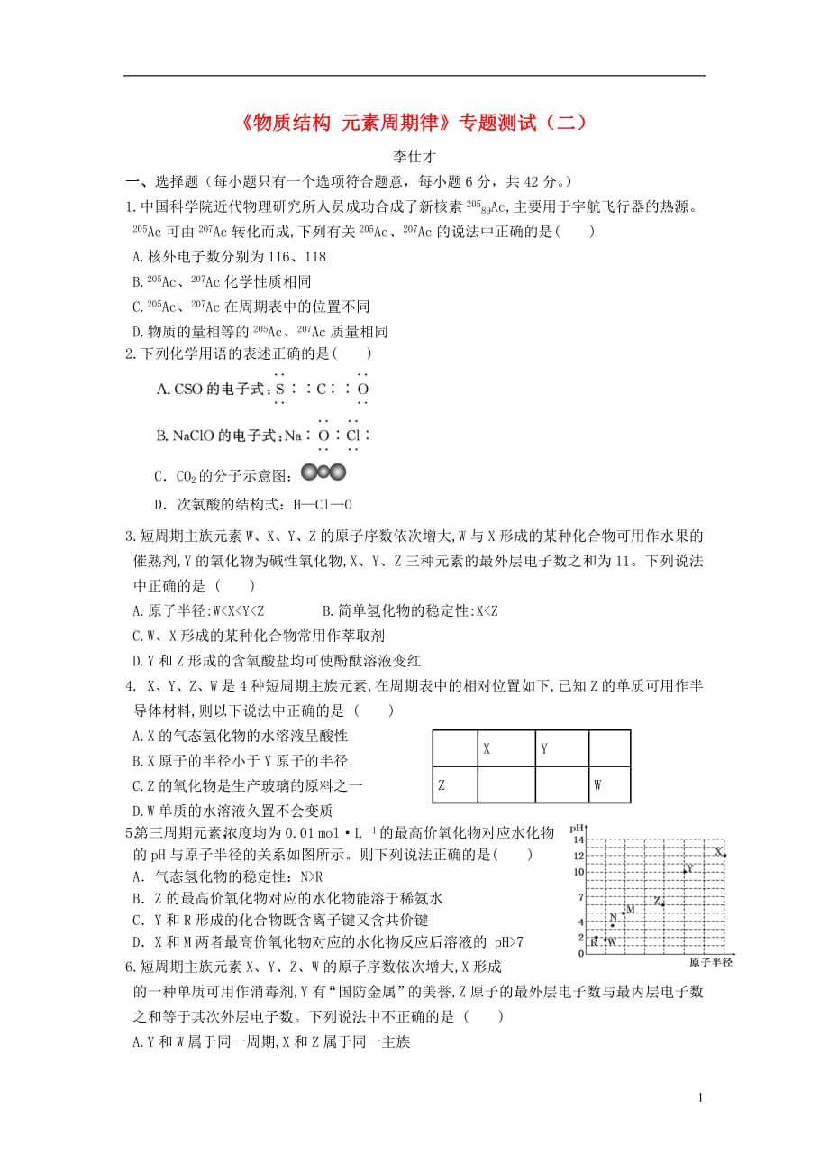 湖北省黄冈市2019高考化学一轮复习物质结构、元素周期律（2）专题测试（二）（无答案）_第1页