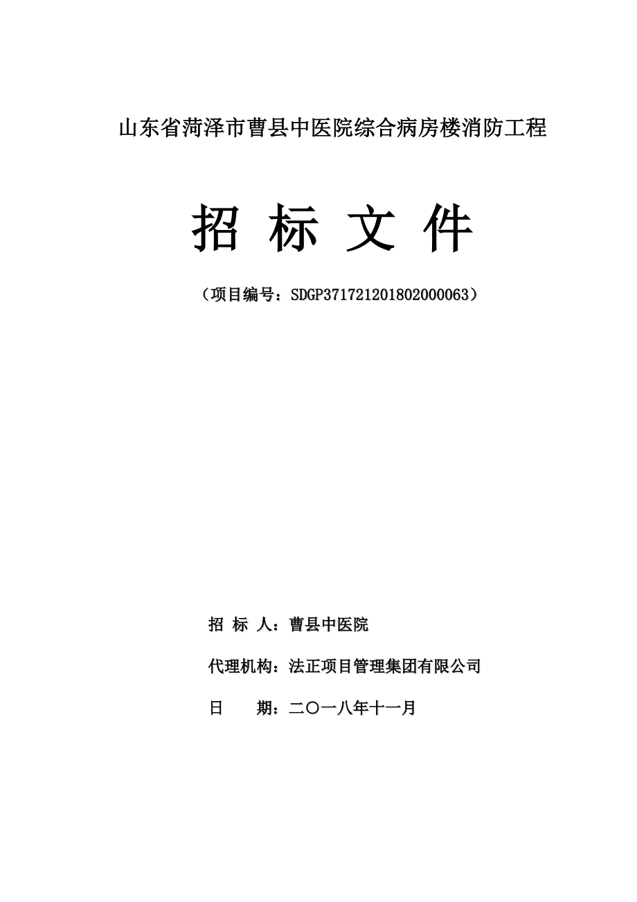 山东省菏泽市曹县中医院综合病房楼消防工程招标文件_第1页