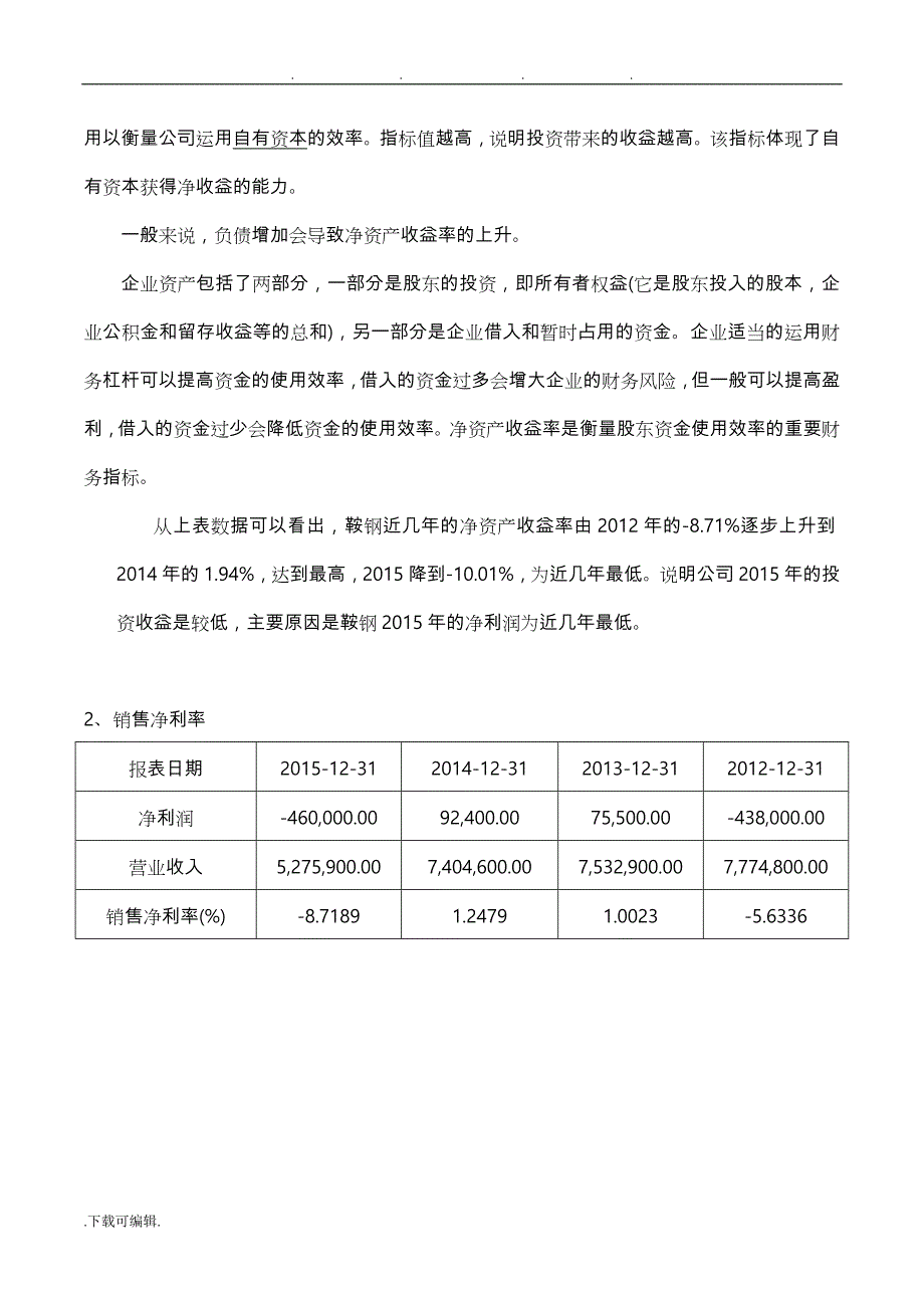 电大形成性测评财务报分析鞍钢盈利能力分析报告_第4页