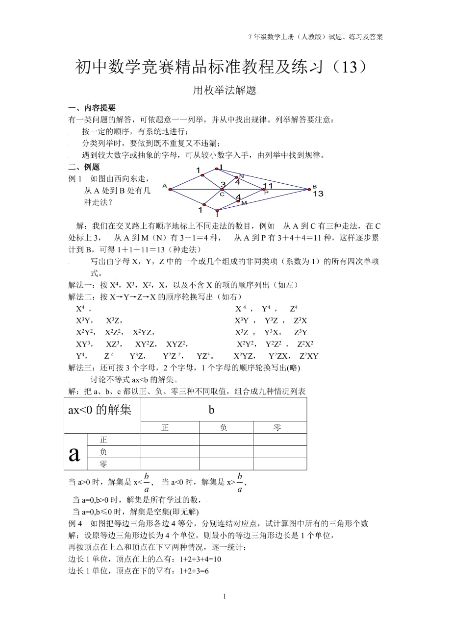 初一数学竞赛精品教程及训练—13用枚举法解题_第1页