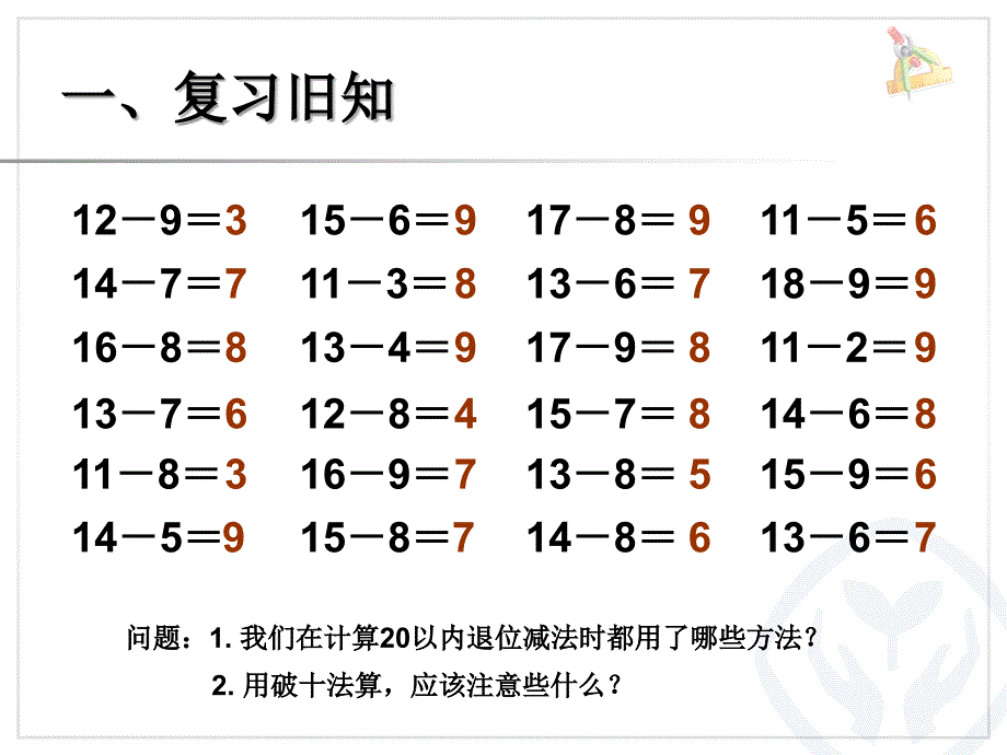 人教版小学数学1年级下册课件20以内的退位减法-整理和复习_第2页