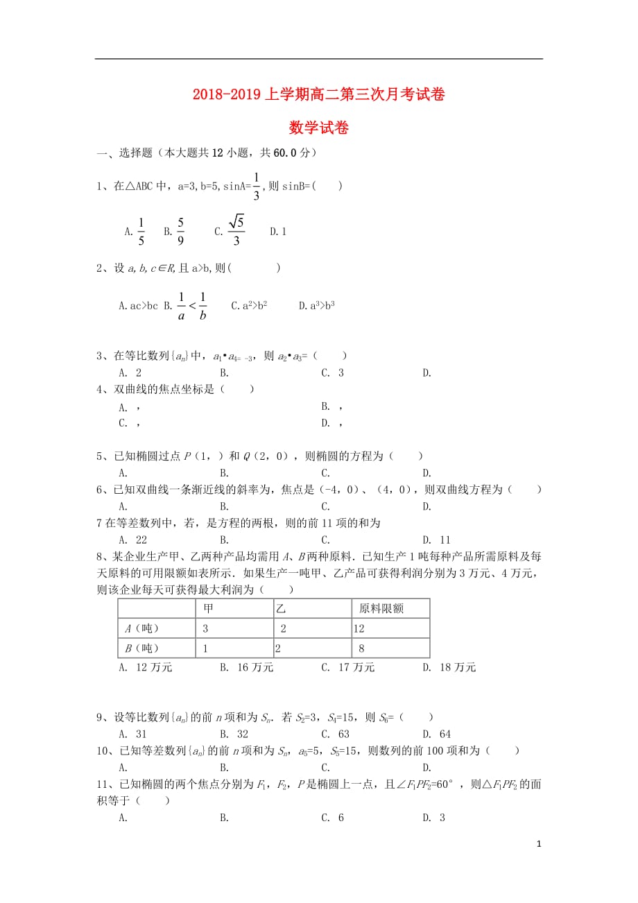 吉林省辉2018_2019学年高二数学上学期第三次月考试题201903050167_第1页