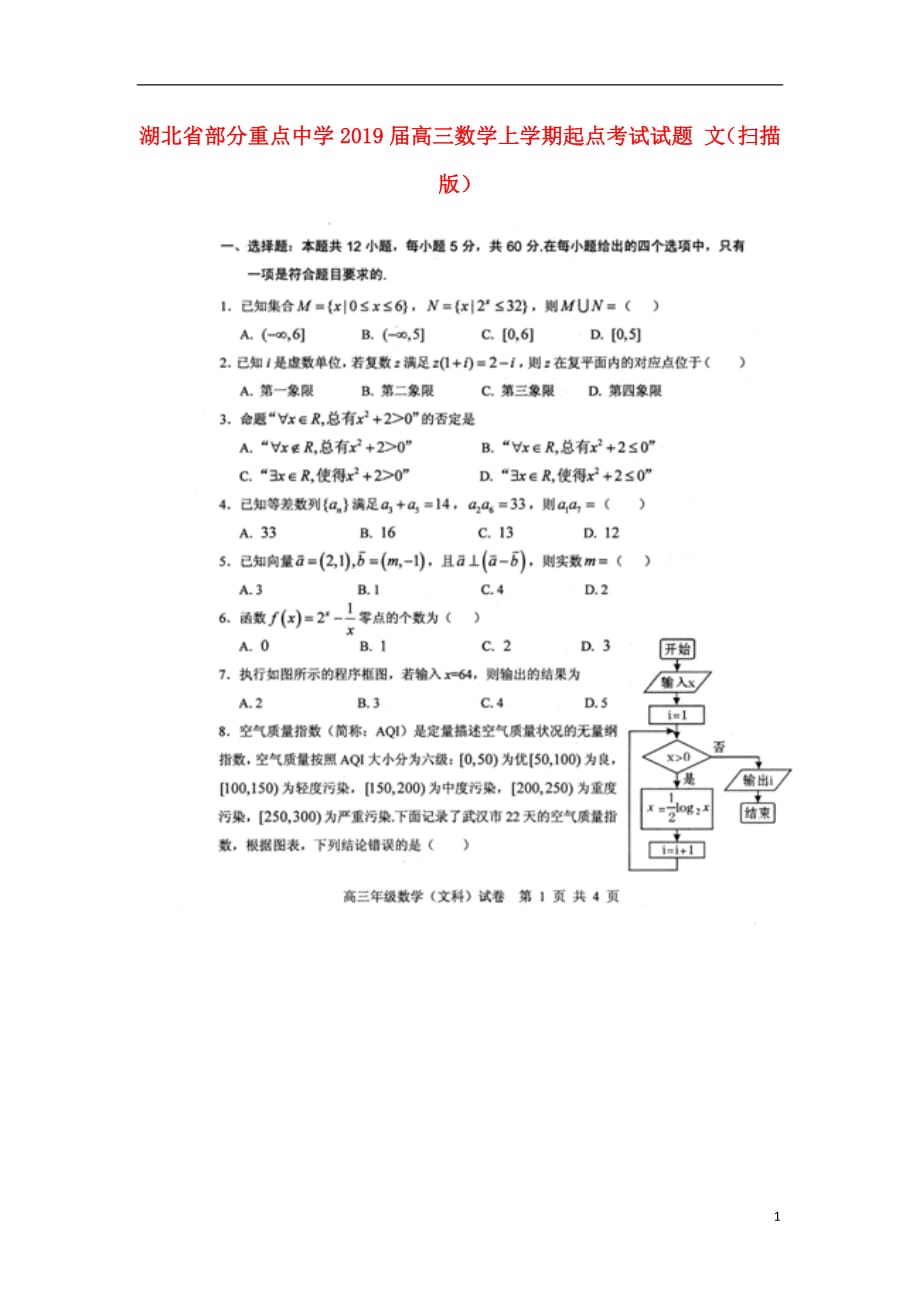 湖北省部分重点中学2019届高三数学上学期起点考试试题文（扫描版）_第1页