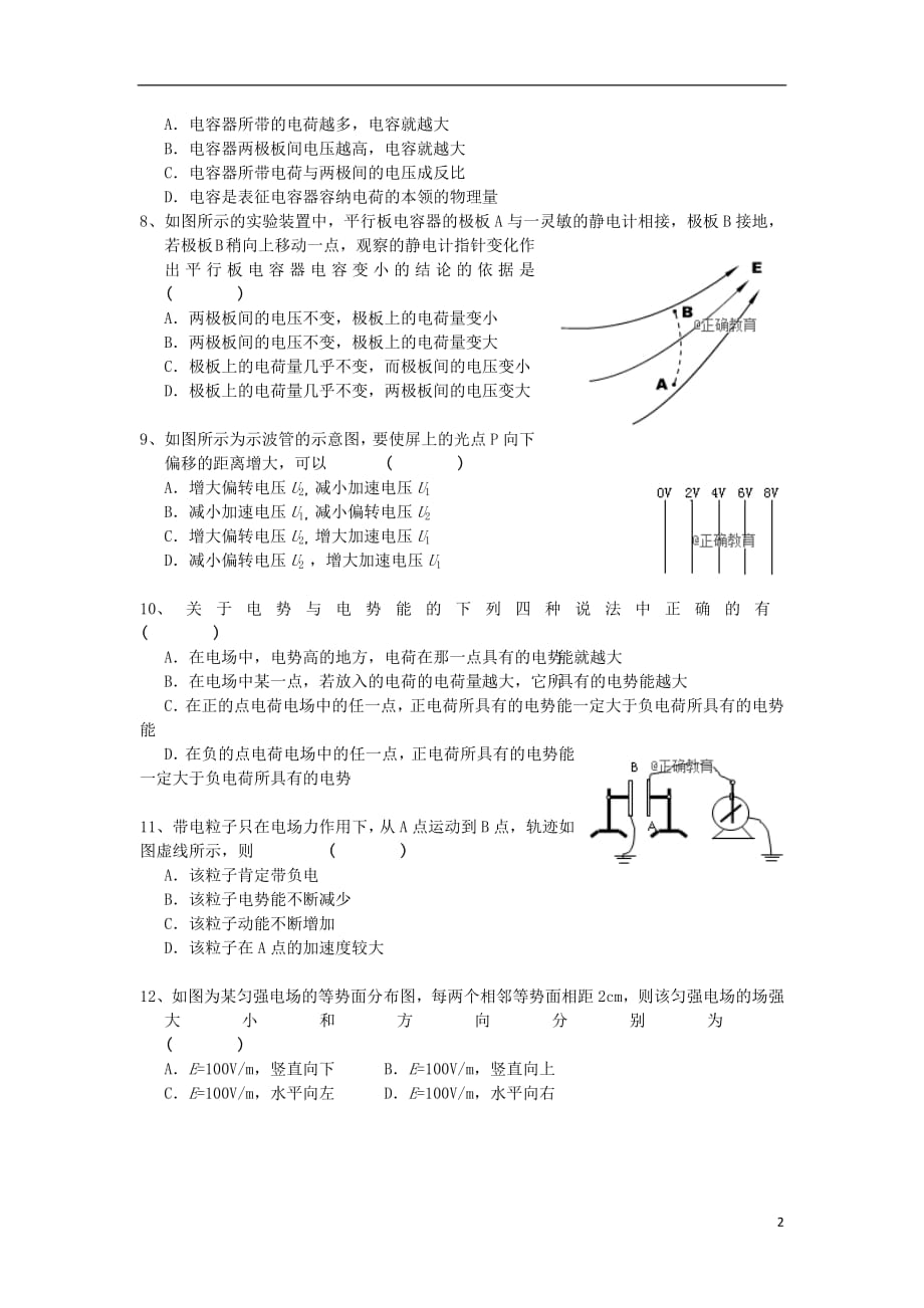 湖南省长沙县六中2018_2019学年高二物理上学期第一次阶段性考试试题（无答案）_第2页