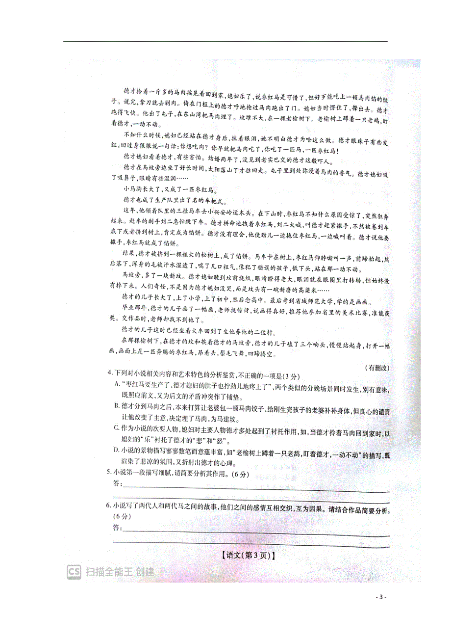 江西省名校学术联盟2019届高三语文上学期教学质量检测考试试题（二）（扫描版）_第3页