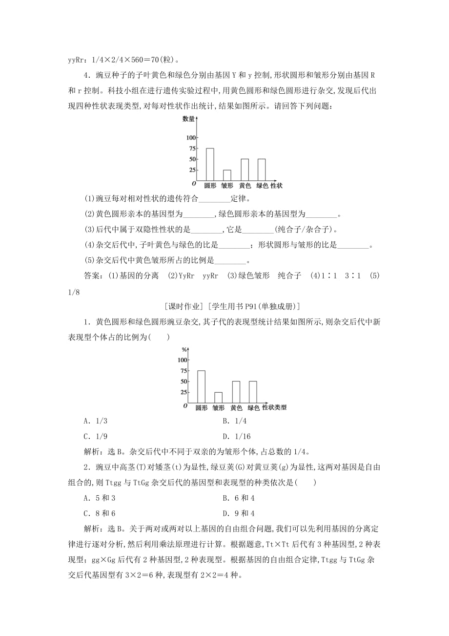 高中生物第一章孟德尔定律第二节自由组合定律第1课时两对相对性状的杂交实验及对自由组合现象的解释知能演练轻巧夺冠浙科版必修2_第2页