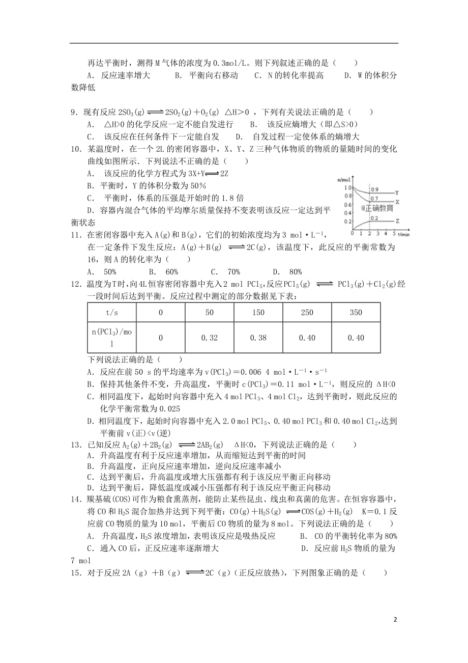 江西省2018_2019学年高二化学上学期第一次月考试题（实验、重点、体艺班）_第2页