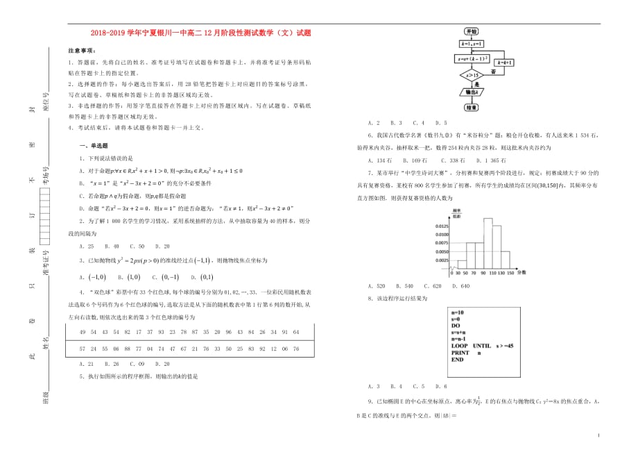 宁夏2018_2019学年高二数学12月阶段性测试试题b文（含解析）_第1页