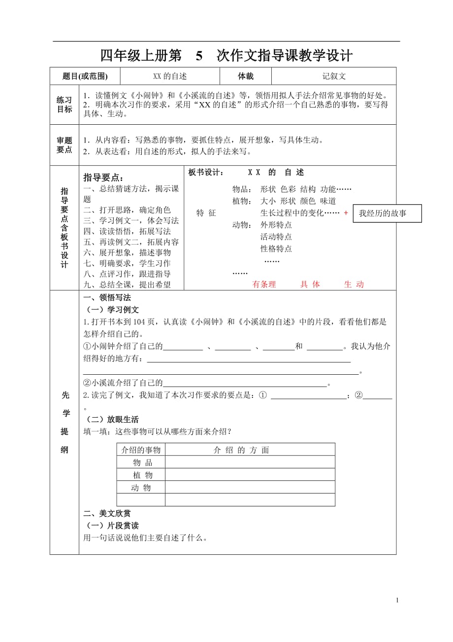 习作五XX的自述教学设计_第1页