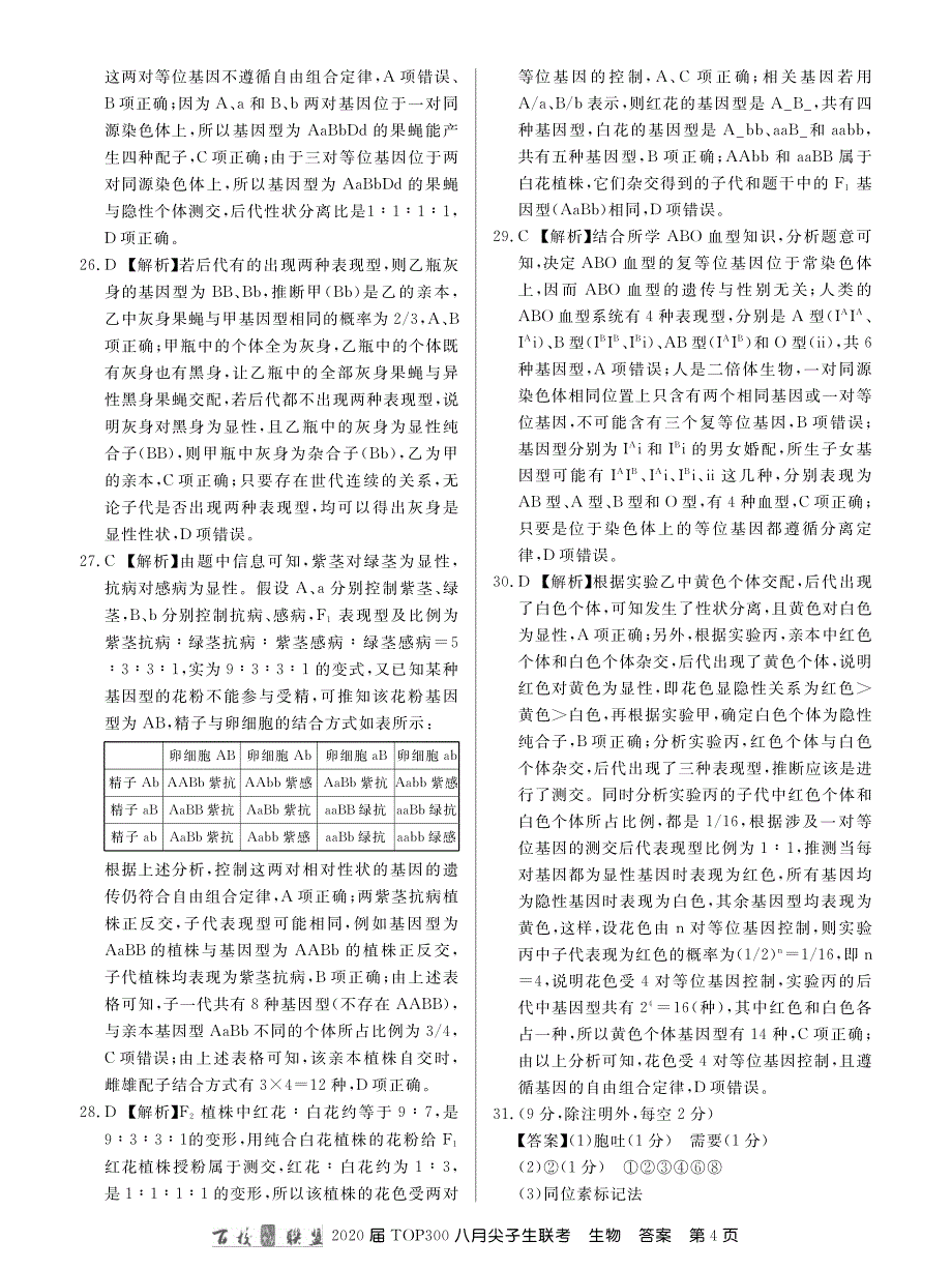百校联盟20届高三8月尖子生联考生物答案.pdf_第4页
