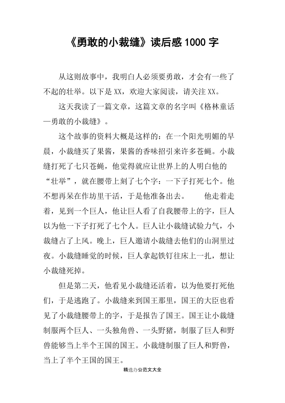 《勇敢的小裁缝》读后感1000字_第1页