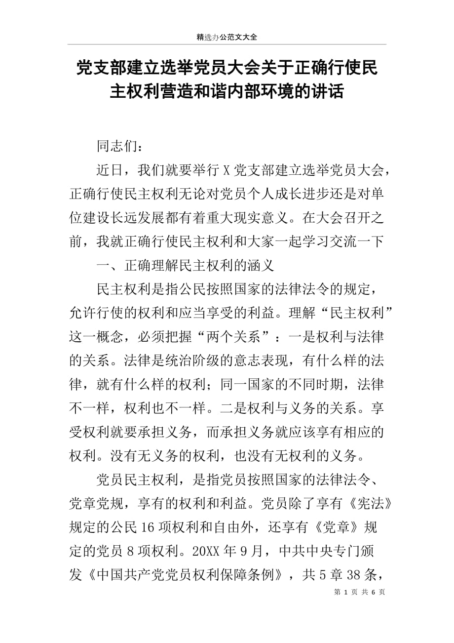 党支部建立选举党员大会关于正确行使民主权利营造和谐内部环境的讲话_第1页