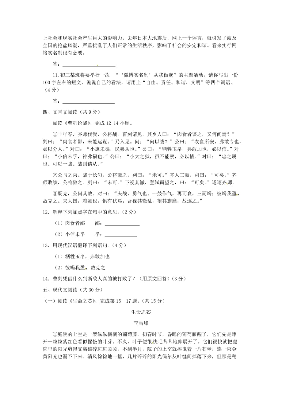 北京市龙文教育2013届九年级第一次中考模拟语文试题 【教育类】_第4页