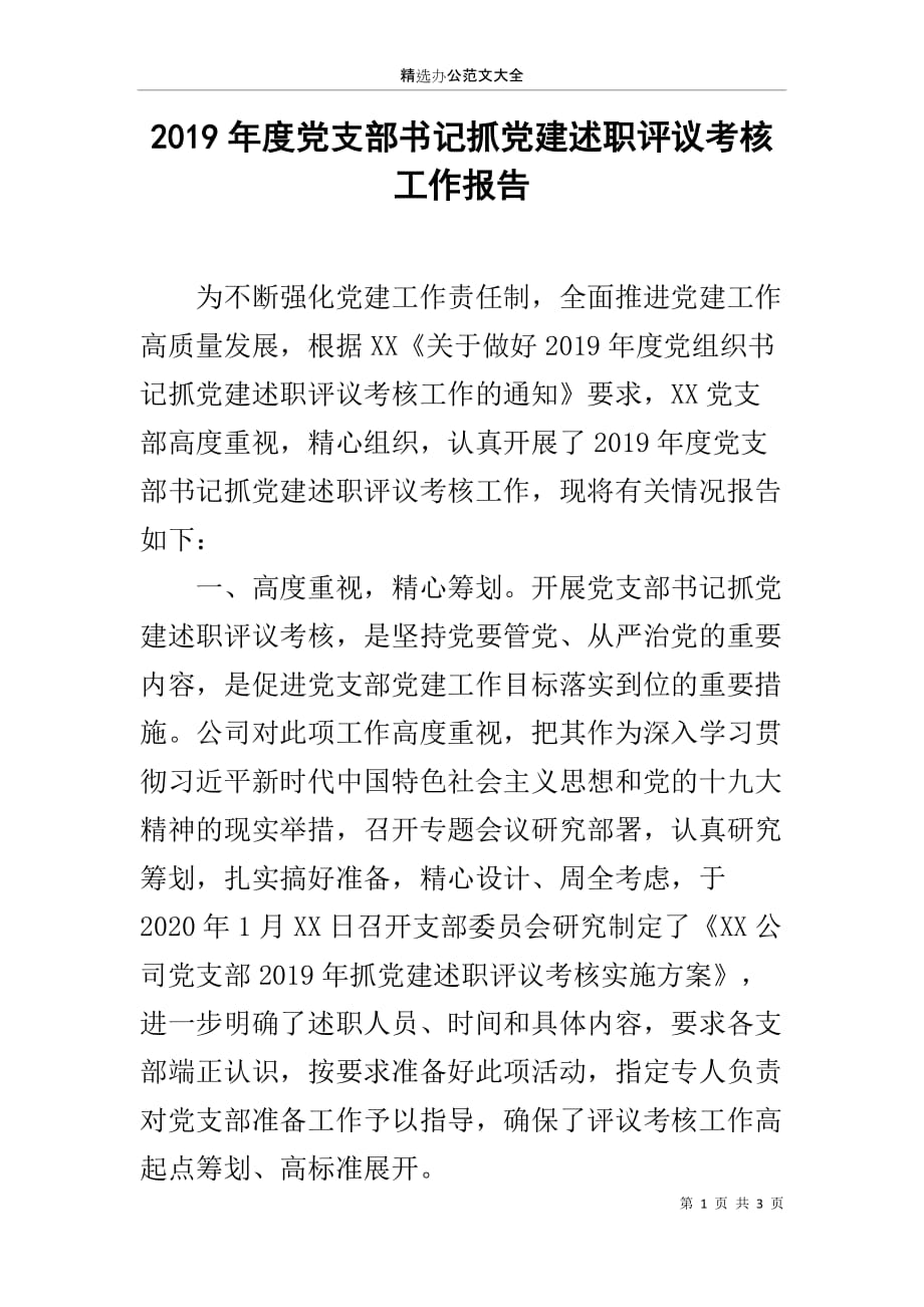 2019年度党支部书记抓党建述职评议考核工作报告_第1页