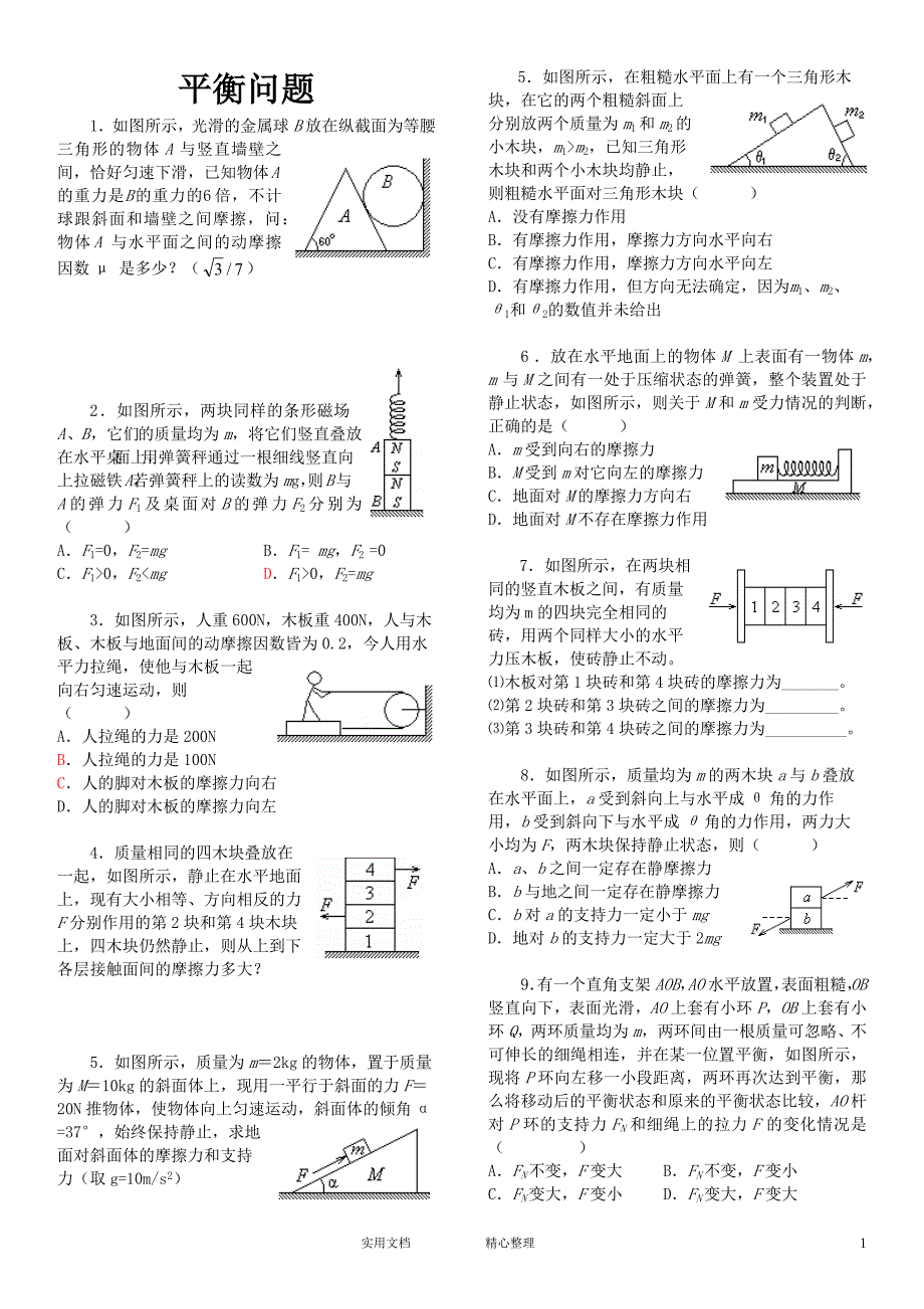 高考干货-推荐收藏---高中物理平衡问题经典（卷）_第1页