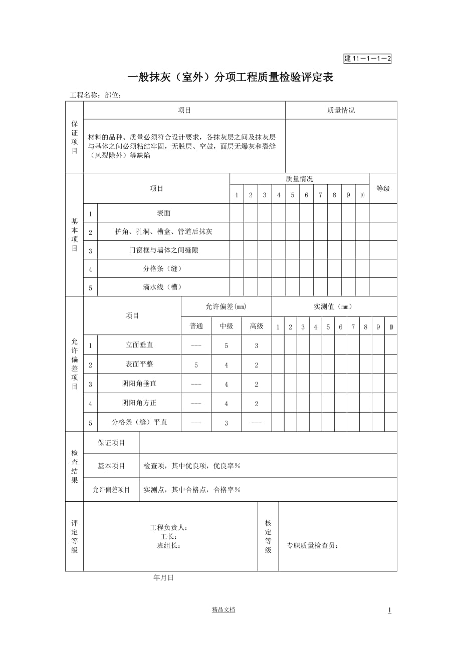 建11-1-1-2一般抹灰（室外）分项工程质量检验评定表【园林绿化施工+常用表格】【GHOE】_第1页