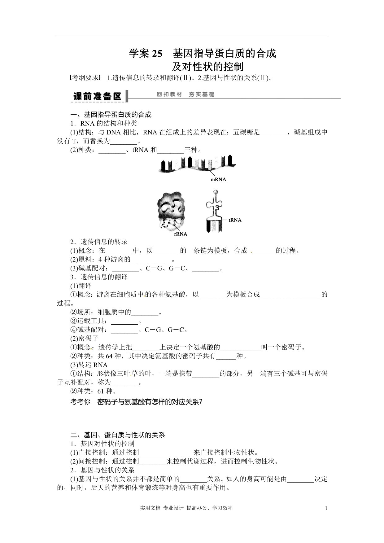 2014年《步步高》高考生物大一轮复习学案+作业第六单元学案25 基因指导蛋白质的合成（卷）_第1页