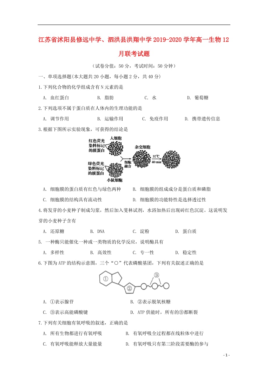 江苏省沭阳县修远中学、泗洪县洪翔中学2019-2020学年高一生物12月联考试题_第1页