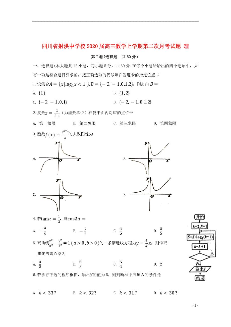 四川省射洪中学校2020届高三数学上学期第二次月考试题理2019112101114_第1页