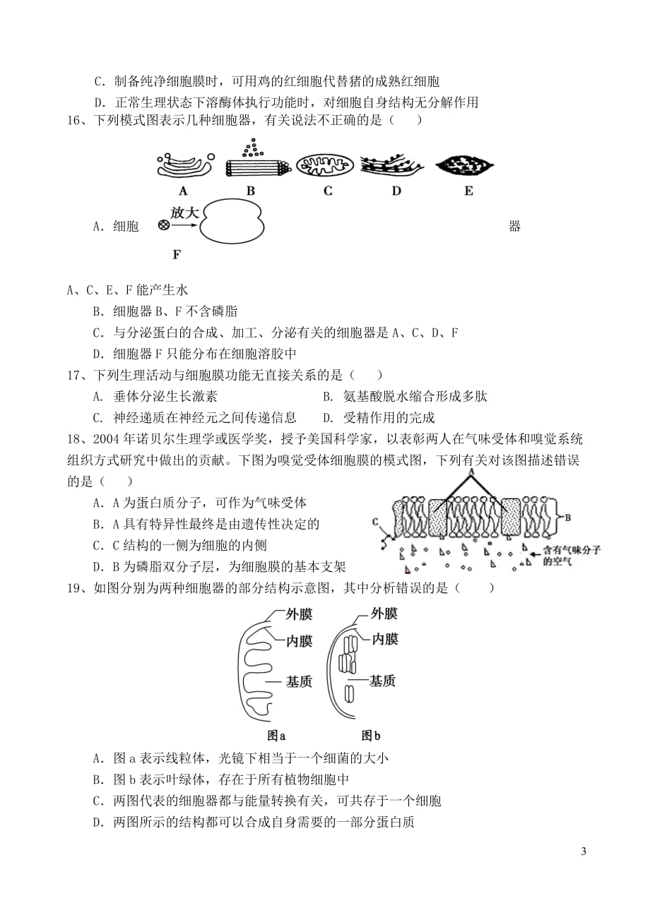 浙江省绍兴市2019_2020学年高一生物上学期期中试题（平行班）_第3页