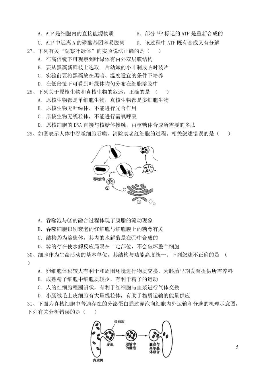 浙江省绍兴市2019_2020学年高一生物上学期期中试题（平行班）_第5页