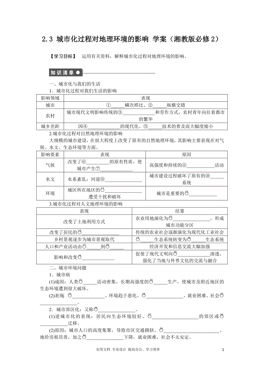 湘教版高中地理必修2--高一地理学案 2.3 城市化过程对地理环境的影响_第1页