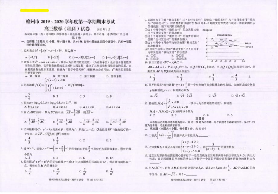 江西省赣州市2020届高三数学上学期期末考试试题 理（PDF）_第1页