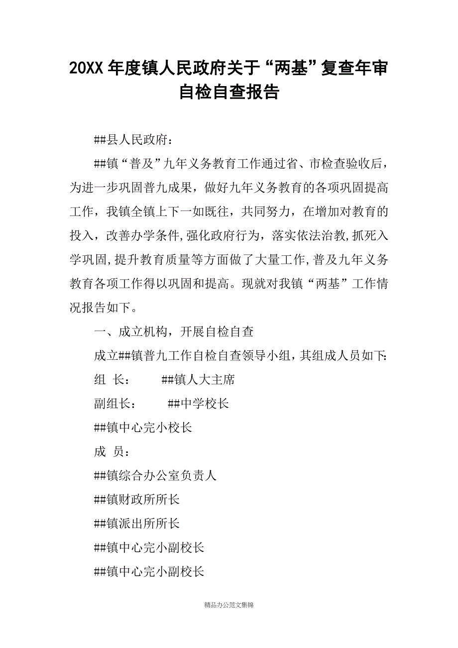 20XX年度镇人民政府关于“两基”复查年审自检自查报告_第1页