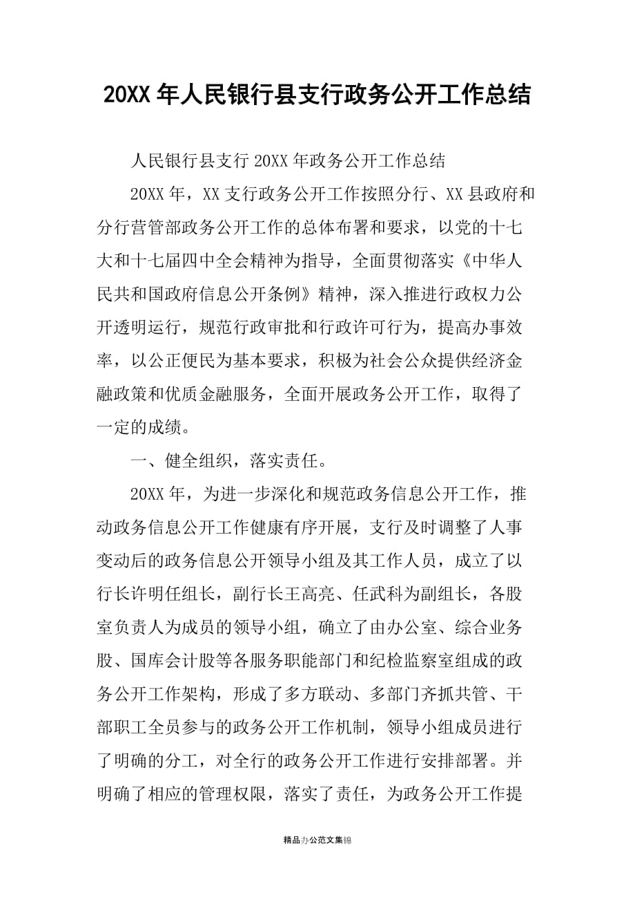 20XX年人民银行县支行政务公开工作总结_第1页