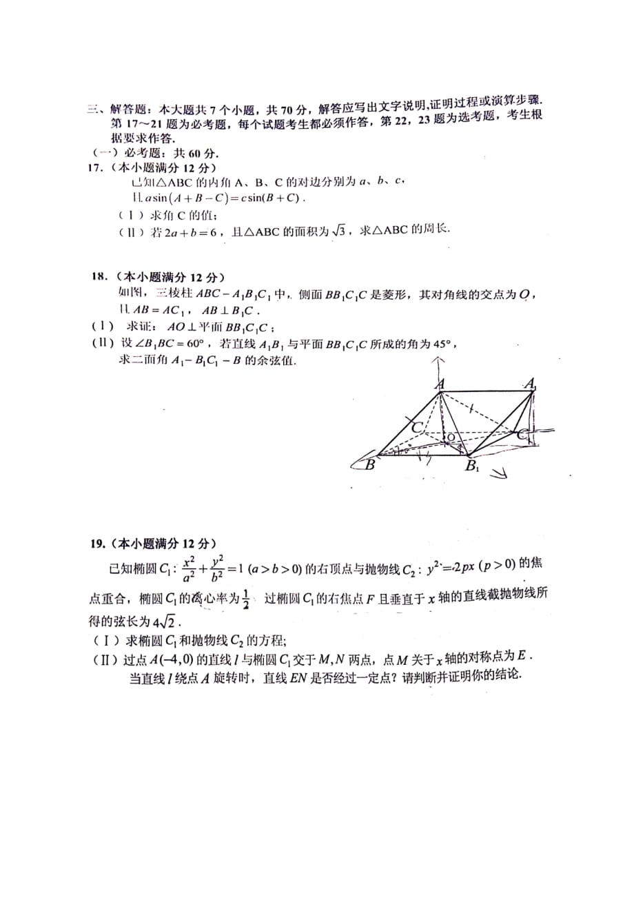 湖南省长沙市2020届高三数学上学期统一模拟（期末）考试试题 理（PDF无答案）_第3页