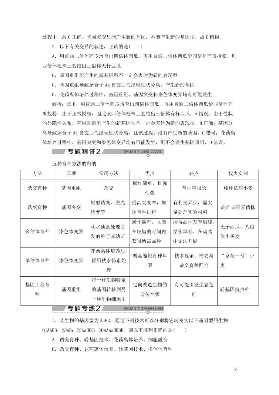 2019-2020学年高中生物 第四章 遗传的分子基础 微专题讲坛（7）&mdash;&mdash;三种可遗传变异之间的比较及变异在育种方面的应用学案 苏教版必修2_第2页