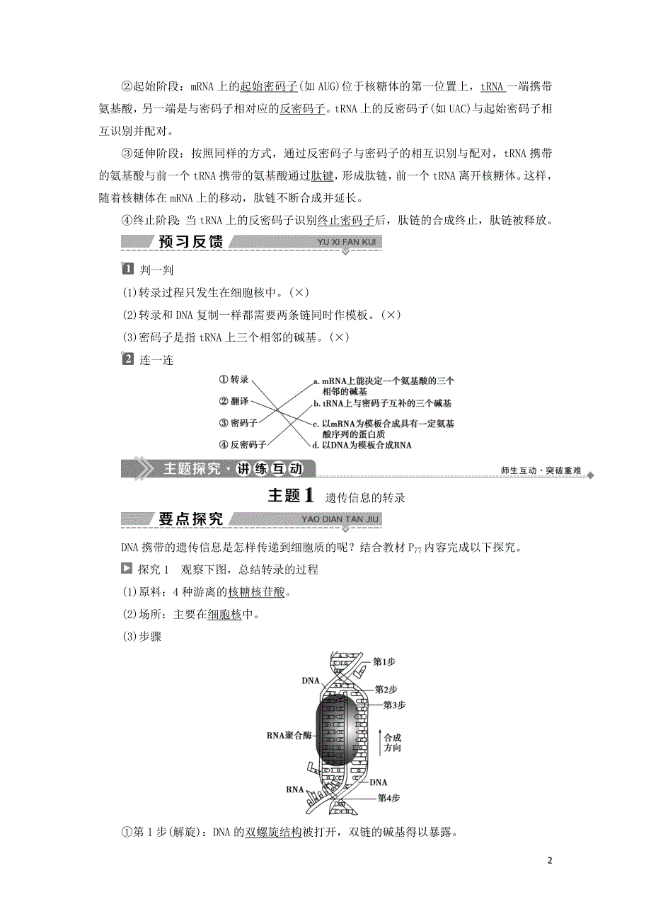 2019-2020学年高中生物 第四章 遗传的分子基础 第三节 基因控制蛋白质的合成 第1课时 从基因到蛋白质学案 苏教版必修2_第2页