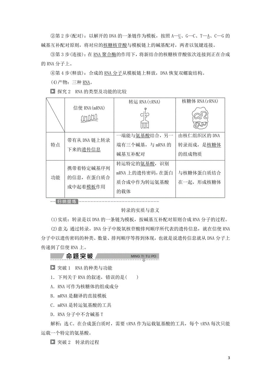 2019-2020学年高中生物 第四章 遗传的分子基础 第三节 基因控制蛋白质的合成 第1课时 从基因到蛋白质学案 苏教版必修2_第3页