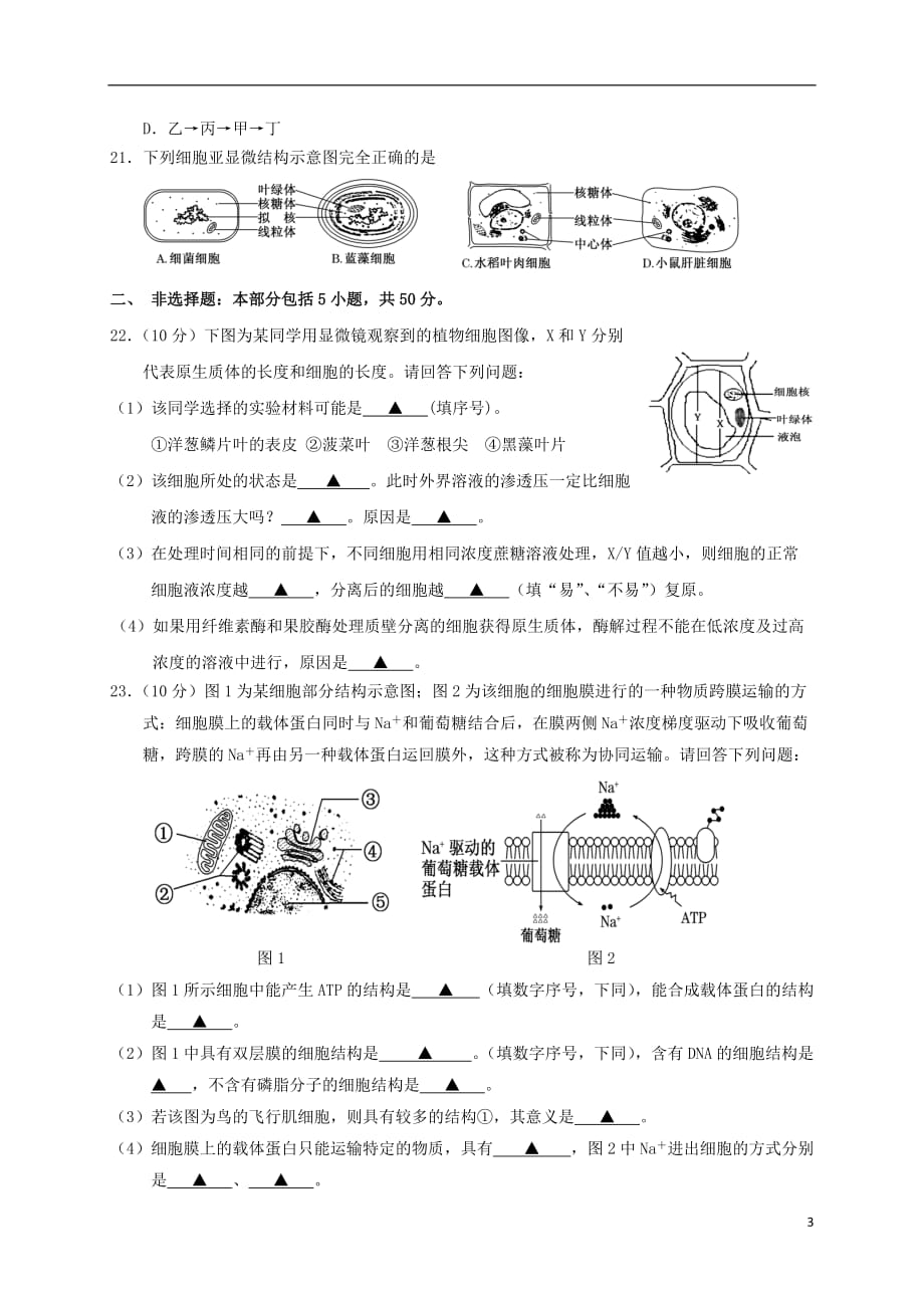 江苏省如皋市2019-2020学年高一生物上学期教学质量调研试题（三）_第3页