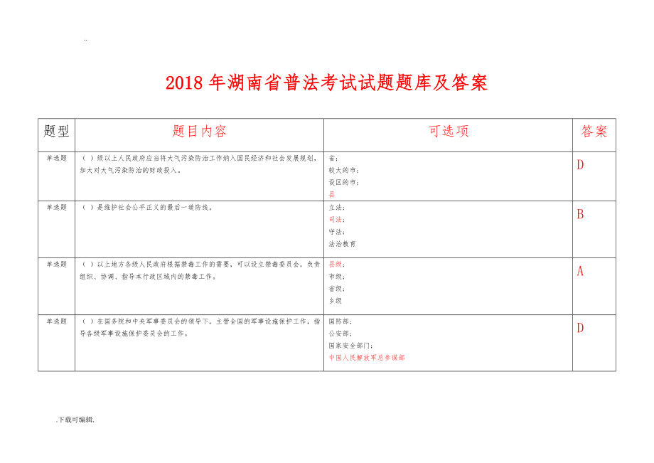 2018年湖南省普法考试试题（卷）题库与答案(1)_第1页