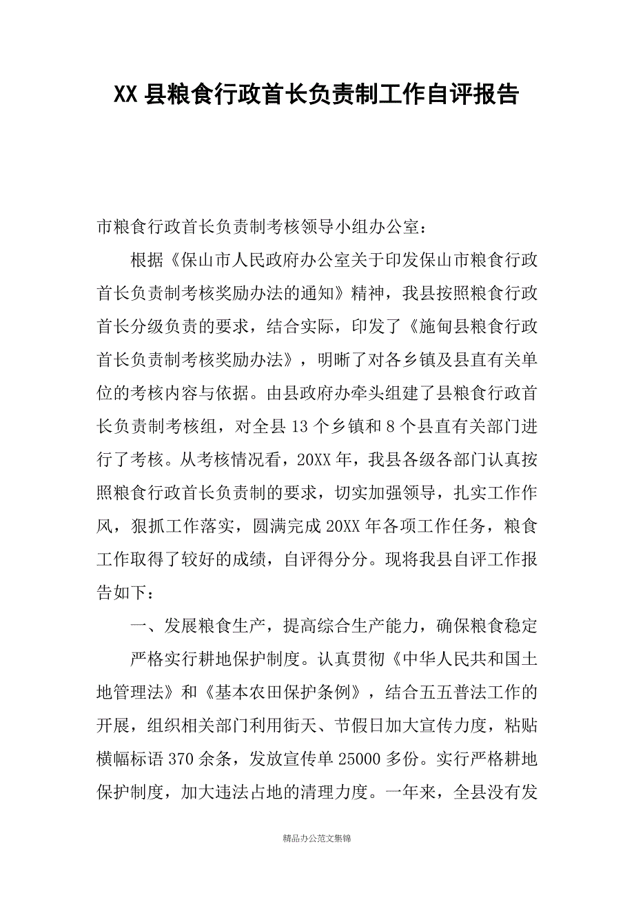 XX县粮食行政首长负责制工作自评报告_第1页