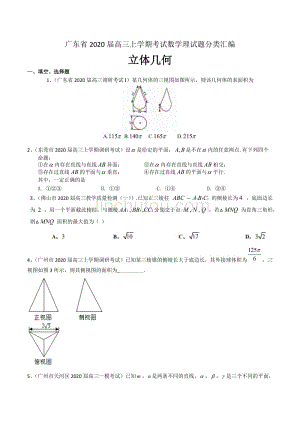 广东省2020届高三上学期考试试题分类汇编数学（理）：立体几何