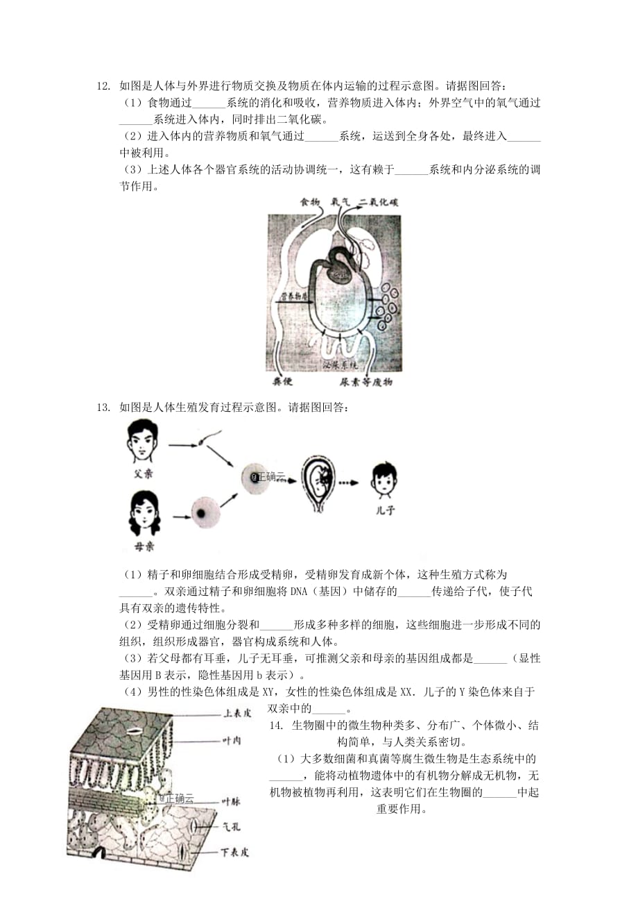 2019年安徽省中考生物试题(word档含答案）_第3页