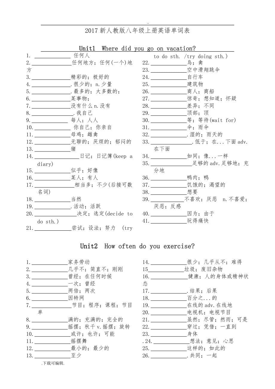 2017_八年级（上册）英语(人教版)单词表默写版_第1页