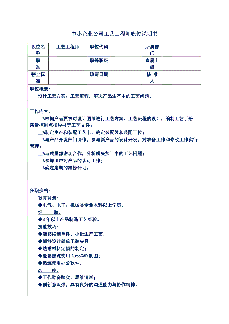 中小企业公司工艺工程师职位说明书_第1页