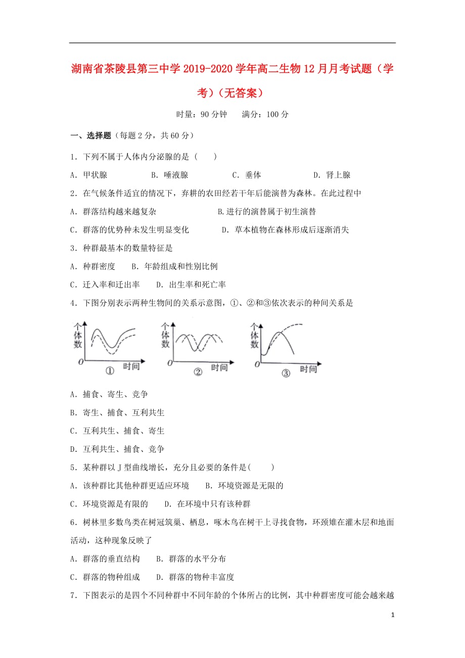 湖南省茶陵县第三中学2019-2020学年高二生物12月月考试题（学考）（无答案）_第1页