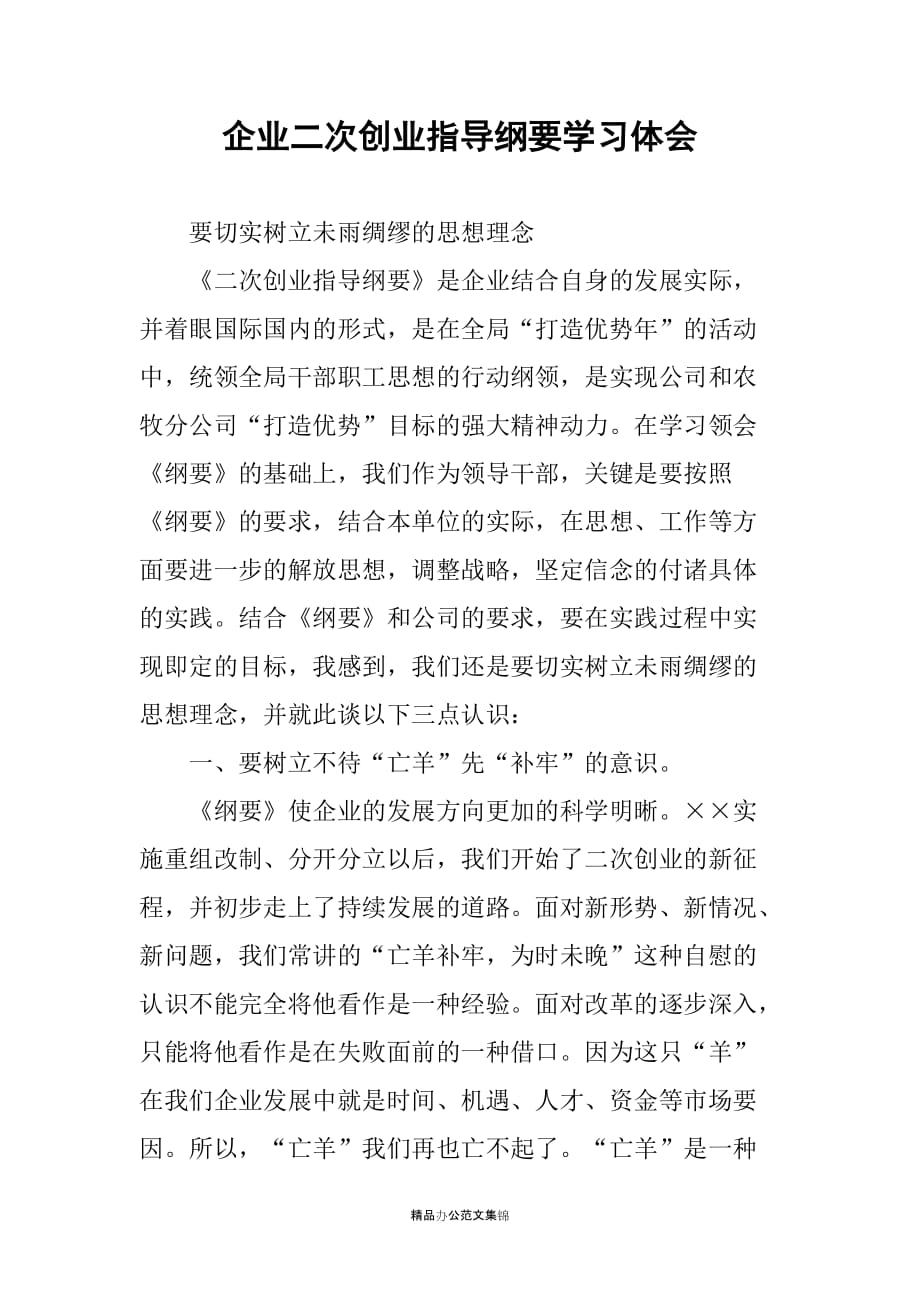 企业二次创业指导纲要学习体会_第1页