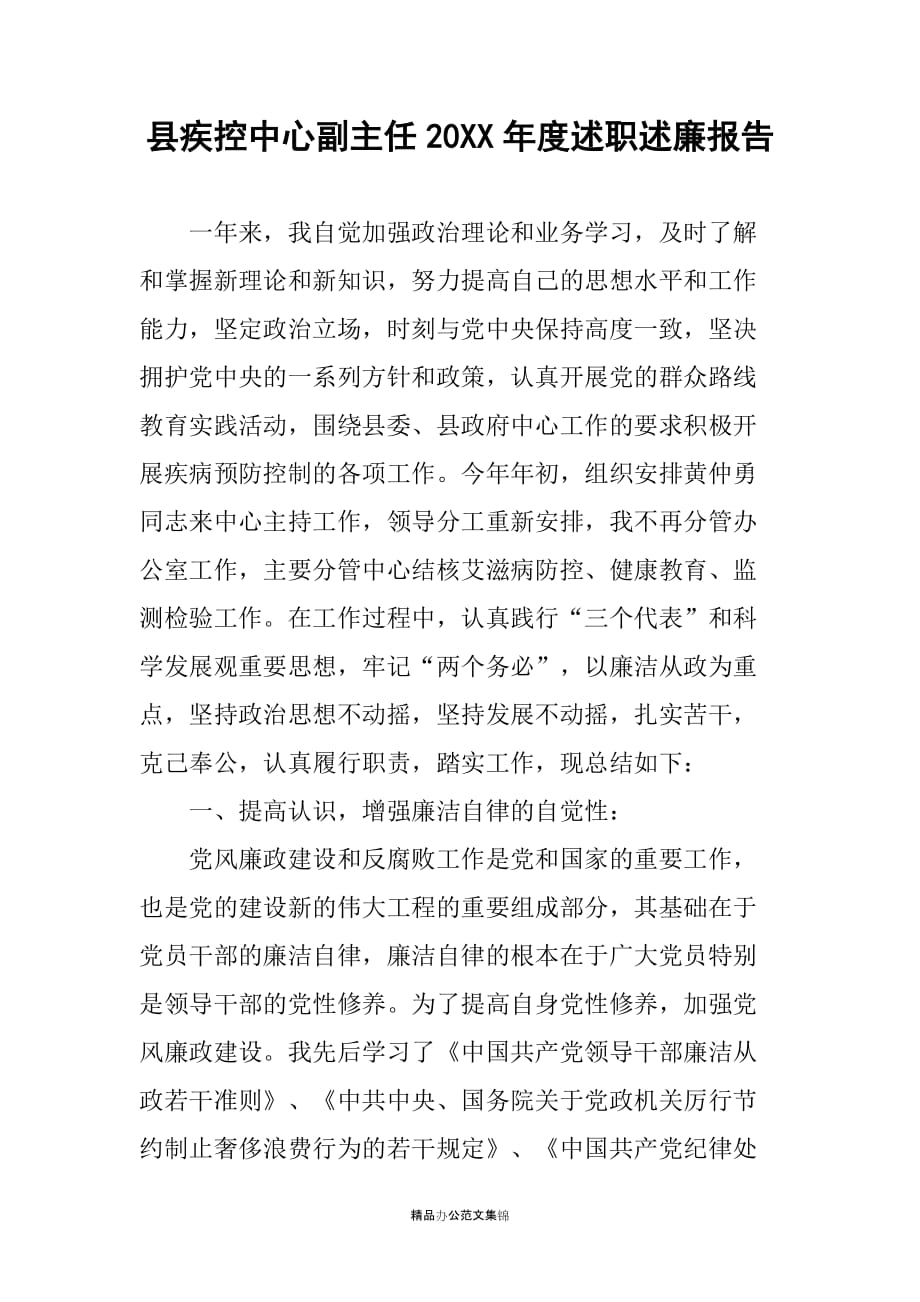 县疾控中心副主任20XX年度述职述廉报告_第1页