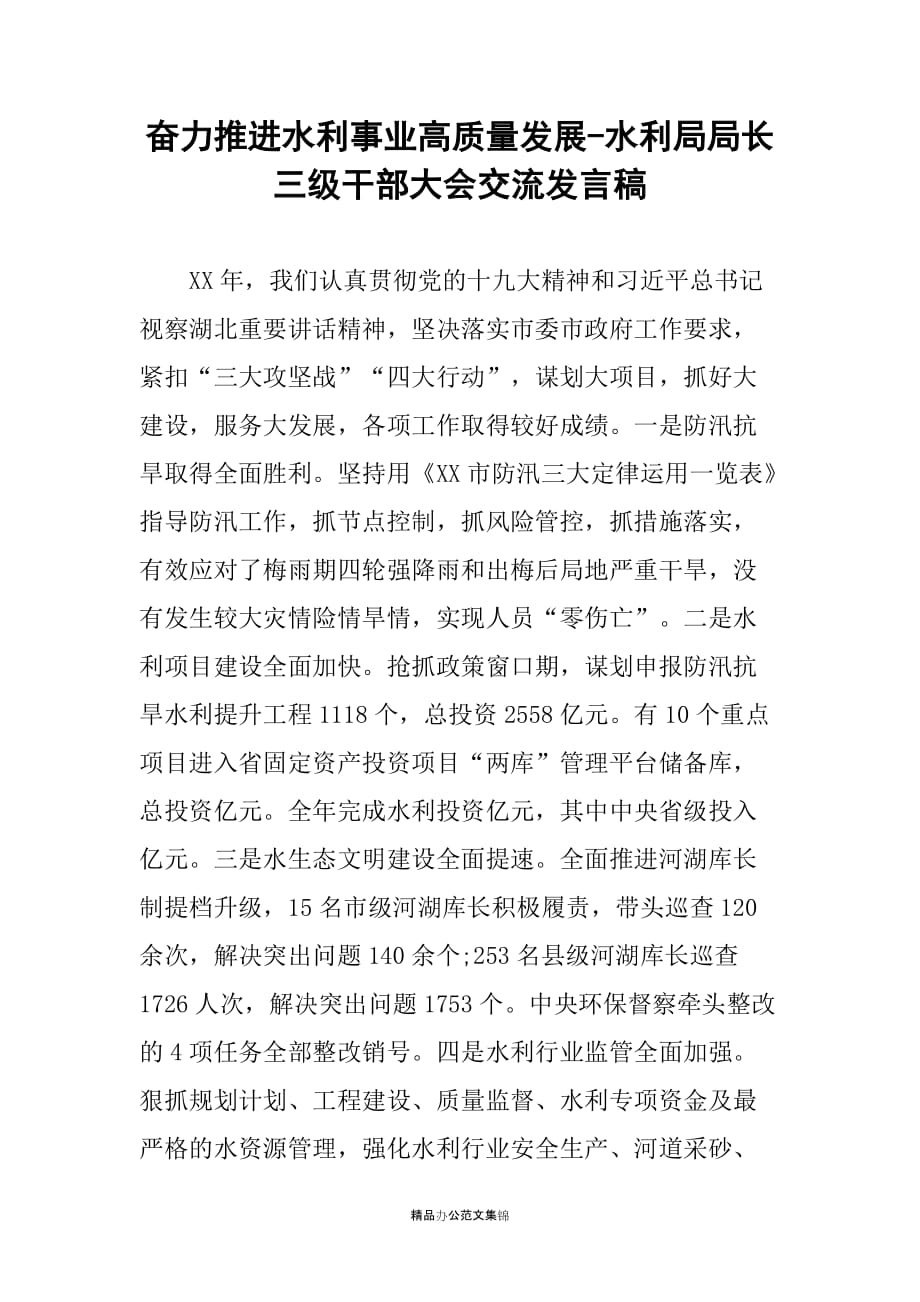 奋力推进水利事业高质量发展-水利局局长三级干部大会交流发言稿_第1页