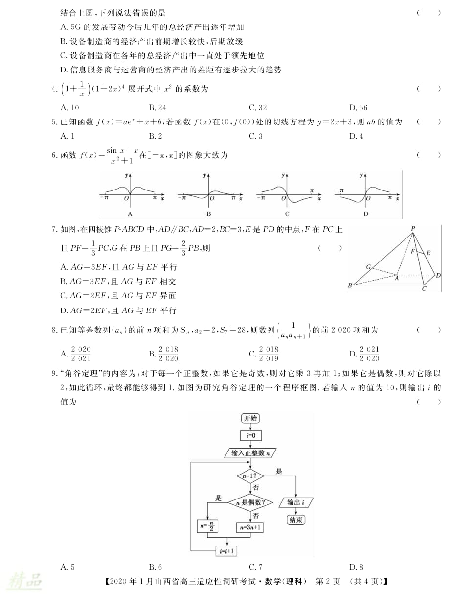 山西省2020届高三数学1月适应性调研考试试题（B卷）理_第2页