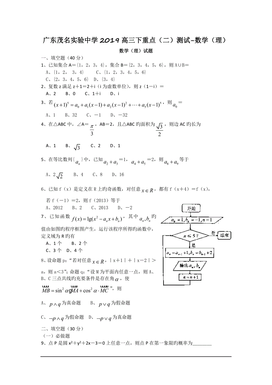 广东茂名实验中学2019高三下重点(二)测试-数学(理)_第1页