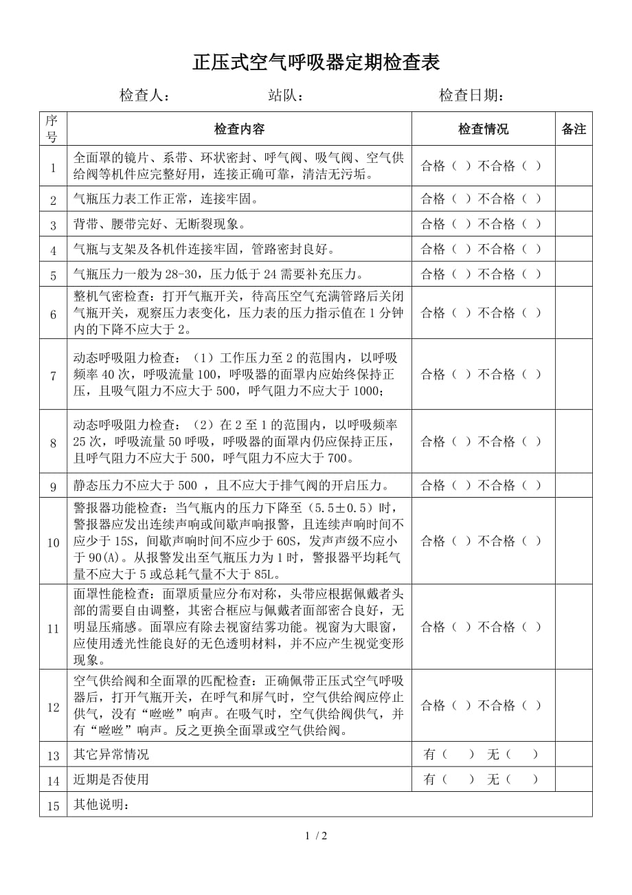 正压式空气呼吸器定期检查表_第1页