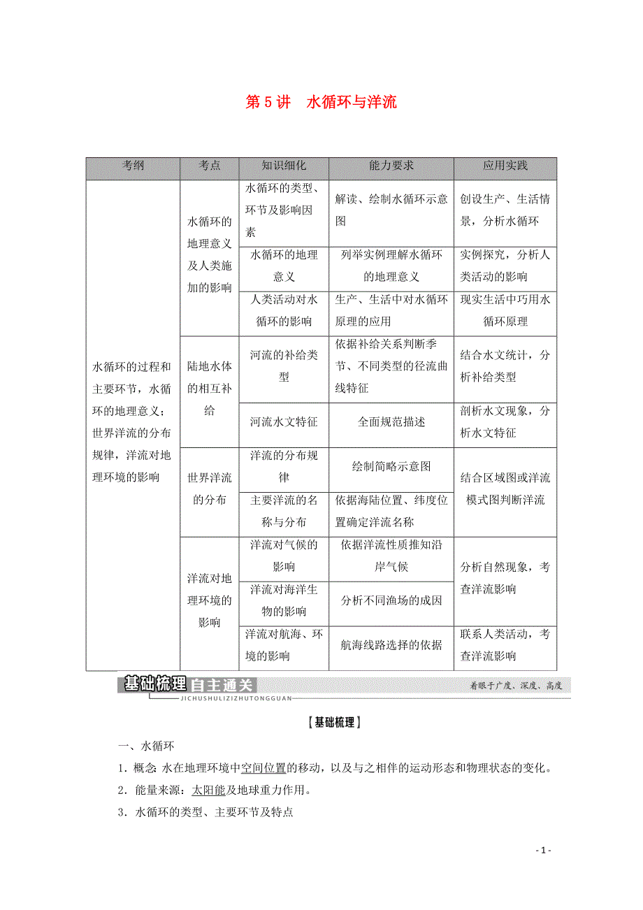 2021高考地理一轮复习 第1部分 第2章 自然环境中的物质运动和能量交换 第5讲 水循环与洋流教学案 湘教版_第1页