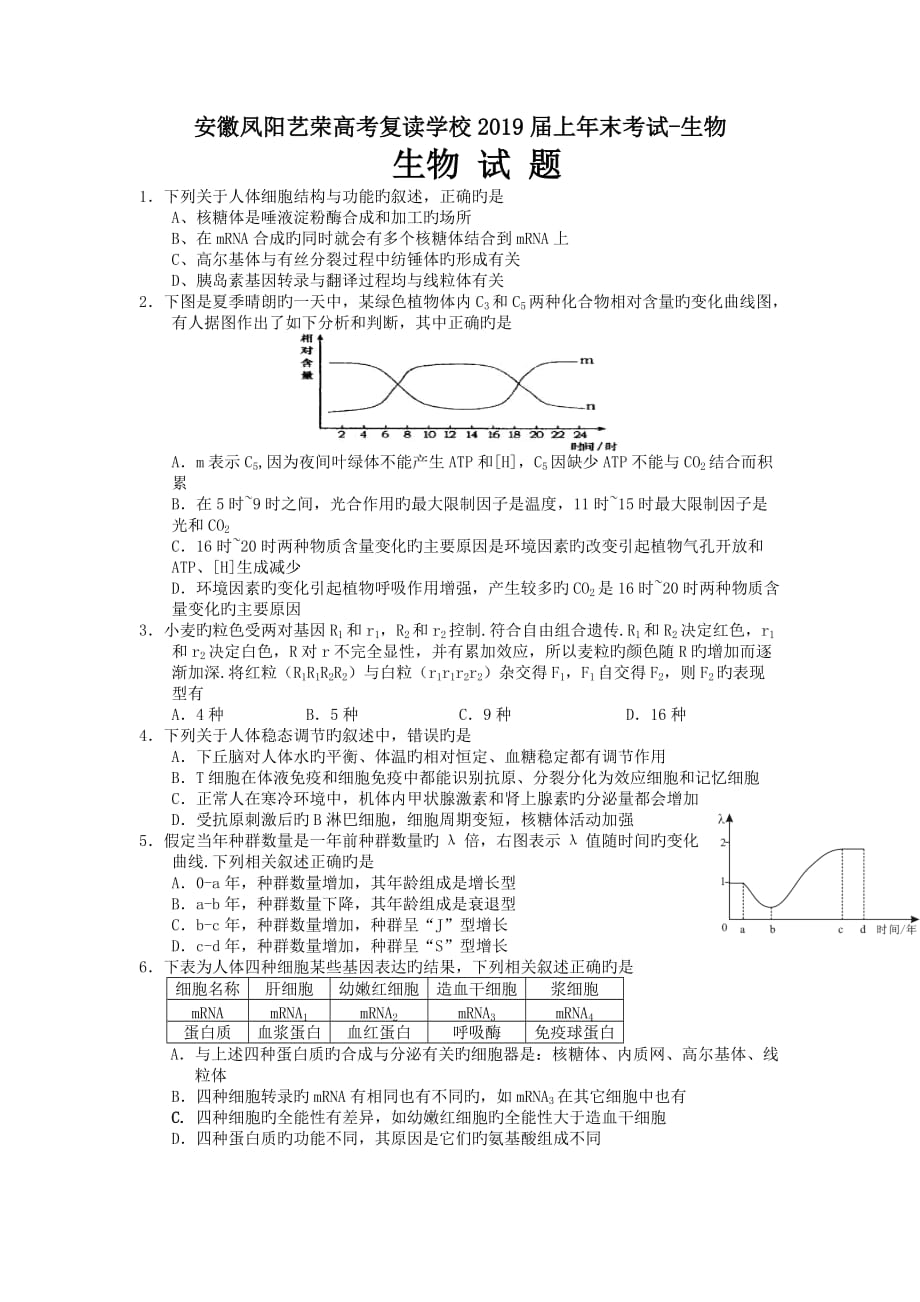 安徽凤阳艺荣高考复读学校2019届上年末考试-生物_第1页