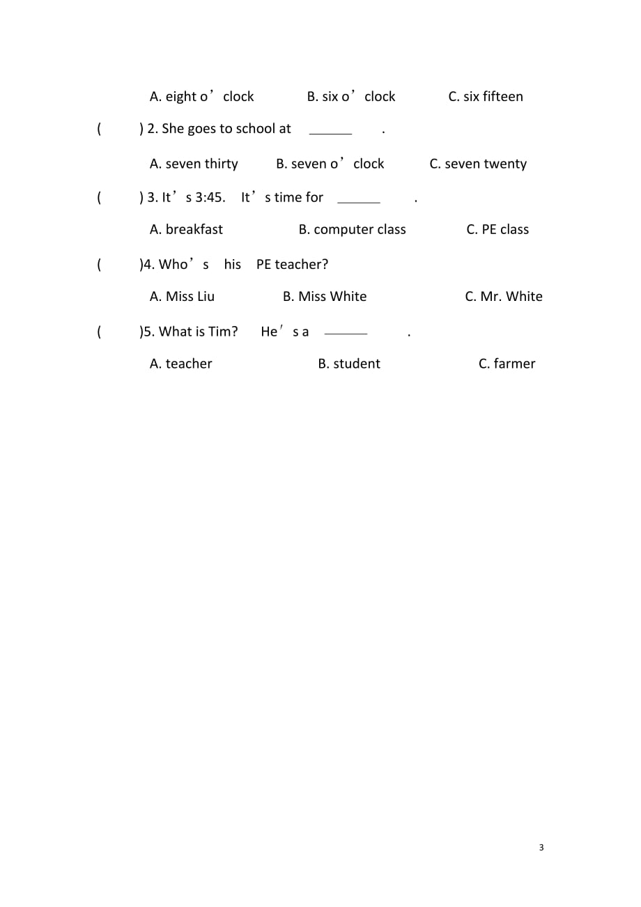 2020年春四年级英语下册Unit2Whattimeisit同步习题（1）（无答案）人教PEP版_第3页